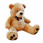 Large tan teddy bear with a brown ribbon