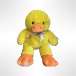 Yellow plush duck with orange beak and feet and a colorful ribbon bow.