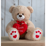 Plush teddy bear holding a red heart with "I Love You" text