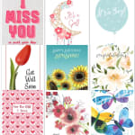Assorted greeting cards with baby, birthday, get well, and love messages.