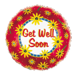 Round red balloon with yellow flowers and the words Get Well Soon