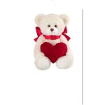 White teddy bear holding a red heart with a red ribbon