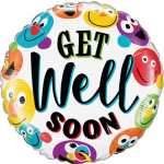 Round balloon with colorful cartoon faces and the words "GET Well SOON"