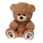 Brown teddy bear plush sitting upright on a white background