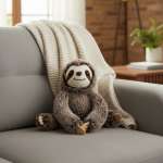 Plush sloth toy sitting on a gray sofa with a knitted blanket