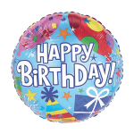 Round birthday balloon with colorful stars and gift graphics