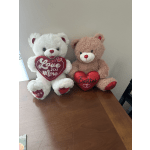 Two teddy bears holding heart-shaped Valentine messages