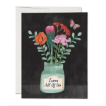 Greeting card with illustrated jar of colorful flowers and a butterfly on a black background.