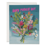 Mother's Day card with a colorful painted flower bouquet on a teal background