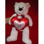 White teddy bear holding a red heart with "I Love You" text
