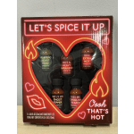 Gift box of five hot sauce bottles with a heart-shaped window