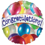 Colorful balloon bouquet with a "Congratulations!" banner
