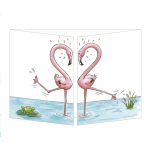 Illustration of two pink flamingos facing each other in water
