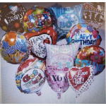 Cluster of colorful birthday and love-themed balloons