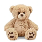 Plush teddy bear sitting front-facing on a white background