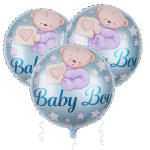 Three baby boy balloons with teddy bear and stars