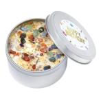 Round tin candle with colorful stones and a Happy Birthday lid