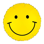 Round yellow smiley face foil balloon with black eyes and curved smile