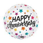 Round white anniversary balloon with colorful stars and Happy Anniversary text in bold black letters.