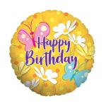 Round yellow birthday balloon with daisies, butterflies, and Happy Birthday text.