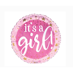 Pink round balloon with "it's a girl" text and gold stars