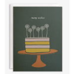 Greeting card with a cake illustration topped by dandelions and the words many wishes