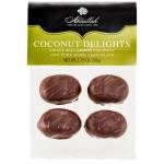 Package of coconut delights chocolates with four chocolate-covered pieces