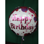 Round birthday balloon with pink "Happy Birthday" text