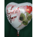 Heart-shaped balloon with a red rose and the words Love You