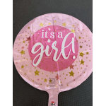 Pink balloon with gold stars and the words "it's a girl"