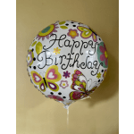 Round birthday balloon with colorful butterfly and flower patterns