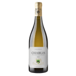 Bottle of Chablis white wine with a gold cap and white label