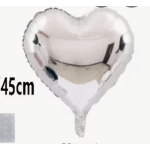 Heart-shaped white foil balloon with a 45cm size label