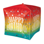 Rainbow cube balloon with "Happy Birthday" text