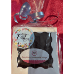 Gift box of homemade fudge with Easter label and blue ribbon