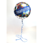 Round foil balloon with polka dots and a congratulatory message