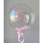 Clear balloon with pink "Happy Birthday" text and pink feather trim