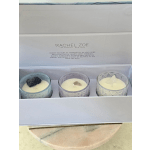 Three quartz-inset candles in glass holders inside a gift box