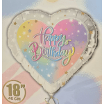Heart-shaped birthday balloon with pastel rainbow colors and stars