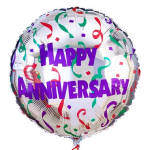 Round foil balloon reading Happy Anniversary with confetti graphics