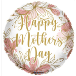 Round white Mother’s Day balloon with gold script and pink floral illustrations.