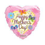 Heart-shaped pink Mother's Day foil balloon with butterflies and cartoon flowers