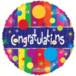 Round foil 'Congratulations' balloon with colorful stripes, circles, and stars