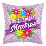 Square purple mylar balloon with colorful flower graphics and Spanish text for Mother's Day