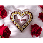 Heart-shaped box of chocolates surrounded by red roses