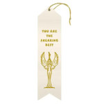 Cream bookmark with gold text and winged figure design