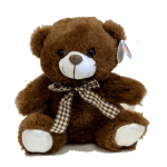 Brown teddy bear with a plaid ribbon bow