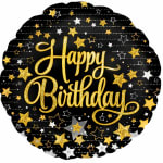 Round black birthday balloon with gold "Happy Birthday" text and stars