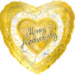 Gold heart-shaped balloon with "Happy Anniversary" text and heart patterns