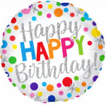Round birthday balloon with colorful polka dots and "Happy Birthday" text